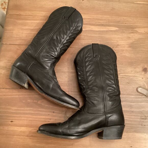 BLACK LEATHER PULL ON WESTERN COWBOY RIDING  MENS BOOTS SIZE 10 USA MADE VINTAGE - Picture 5 of 10